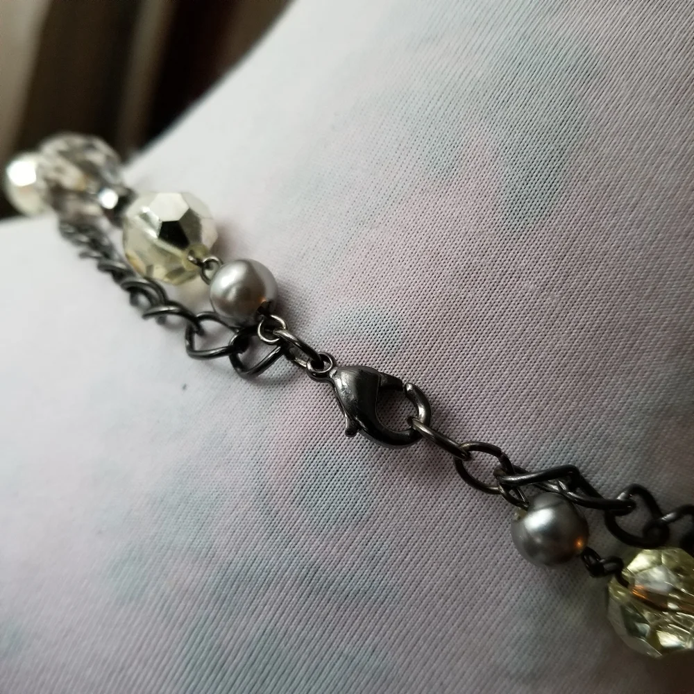 Long chunky necklace two strand dark silver tone